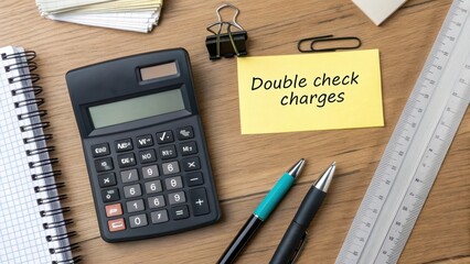 Office workspace with calculator, notepad, pens, and sticky note