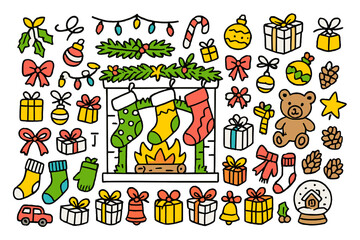 Festive Stockings Illustration. Children?s stockings. Hand-drawn doodle illustration Christmas stockings (colored), fireplace (colored), mantel (colored),