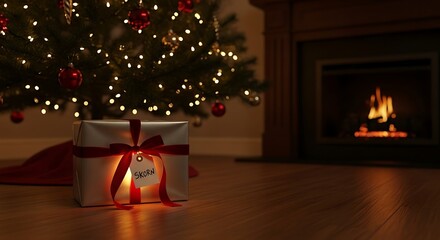A beautifully wrapped christmas gift with a red ribbon, placed under a decorated christmas tree with a warm fireplace in the background, creating a cozy and festive atmosphere