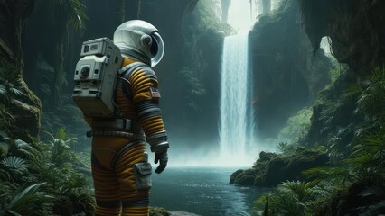 Astronaut gazing at a waterfall in a lush, alien jungle