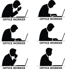 Set of six black silhouette icons of stressed office workers at desks showing fatigue, burnout, and workplace posture variations