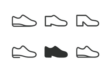 Obraz premium Geometric Shoe Icons. Personal Appearance. Set Logo of Shoe Icon: Minimal outline, Abstract geometric, Negative space, Flat solid, Symmetrical form, Iconic