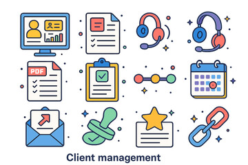 Client Management Icons. Client management. Colorful isometric vector icons set of Client management: CRM dashboard, client profile card, discovery call