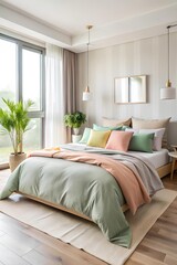 Fototapeta premium Modern cozy bedroom interior with pastel pillows, layered bedding, natural light, wooden floor, plants, and minimalist decor style