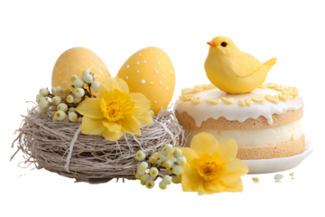 Easter celebration with cake nest eggs and yellow chick decoration