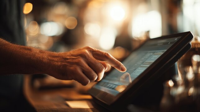 Close-up of Man Using Digital Register in Bright Coffee Shop