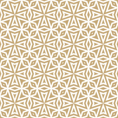 Vector geometric seamless pattern with star shapes, diamonds, arrows, floral motifs. Retro christmas texture with lines, stripes, cross elements. Golden white background. Design for textile, wallpaper