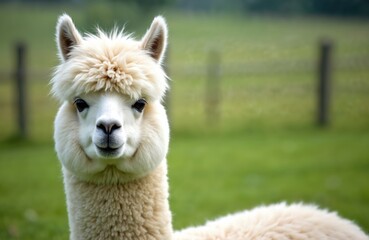 White fluffy alpaca looks at camera in green meadow. This cute farm animal has soft wool covering its head and neck. Its brown eyes are curious and gentle. Calm mammal stands outdoors on sunny day.
