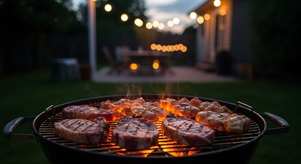 Delicious grilled meat cooking on a barbecue with glowing embers and a blurred background of string lights in a backyard setting at dusk.
