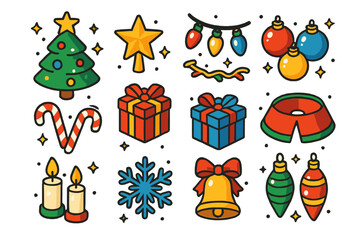 Fototapeta premium Festive Icon Set. Christmas decorations. Colorful isometric vector icons set of Christmas decorations: Christmas tree, star topper, string lights, baubles,