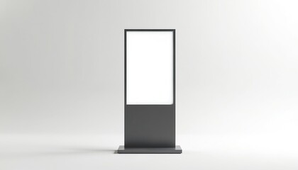 Empty black pylon with blank white screen on grey background. Isolated street signage mockup. Vertical display for advertisement. Blank vertical totem signage for outdoor advertising. Empty digital