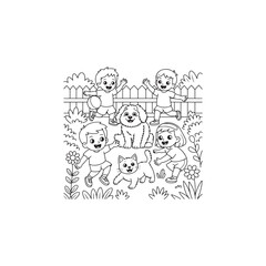 Children playing with a dog and cat in a garden scene