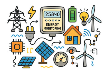 Fototapeta premium Energy Monitoring Doodle. energy monitoring. Colorful Hand-drawn doodle Children illustration energy monitoring smart meter, electricity meter, digital