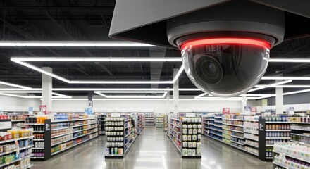 Security camera with a red light in a supermarket aisle