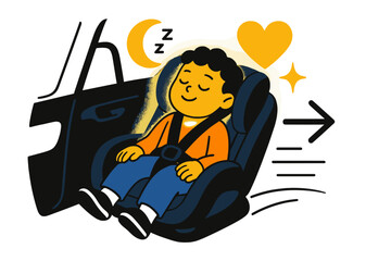 Napping Child Ride. Peaceful ride. Child glowing as they nap in secure seat while car moves forward. Floating icons of moon, heart, and sparkle showing