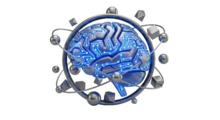 Artificial intelligence brain with glowing circuits and orbits