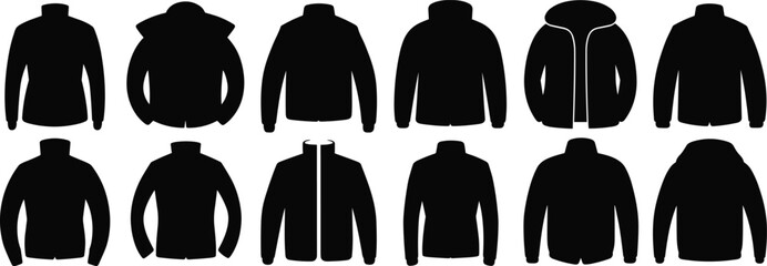 Set of twelve black silhouette jacket icons showing various styles, collars, closures, and sleeve shapes for fashion design