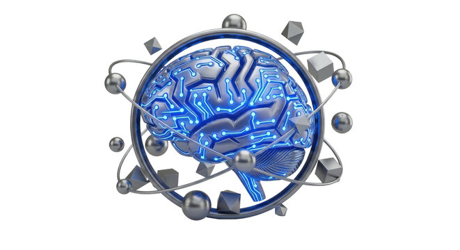 Artificial intelligence brain with glowing circuits and orbits - Powered by Adobe