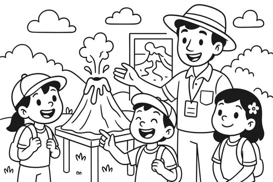 Volcano Adventure Coloring. Volcano field trip children?s coloring book illustration, outlined drawing, cheerful kids with a guide looking at a model volcano