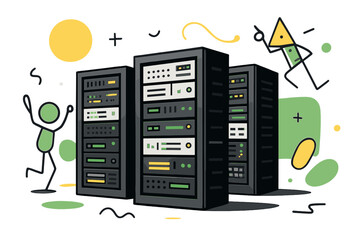 Obraz premium Futuristic Data Center. Server Rack. Wide view of server racks in data center with floating abstract geometric shapes and LED highlights, organized and