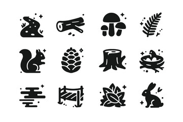 Obraz premium Forest Path Icons. Forest Path. Solid icons set of Forest Path: dirt trail, fallen log, mushrooms, fern leaf, squirrel, pine cone, tree stump, bird nest, mist,