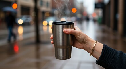 Hand holding a reusable coffee cup on a city street with blurred background.