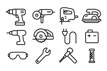 Fototapeta premium Set of outline power tools icons for diy and construction projects