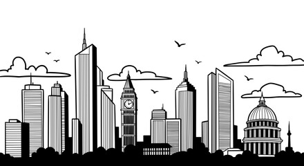 Obraz premium City skyline illustration featuring famous landmarks and clouds 