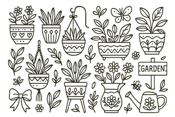 Decorative Planter Doodles. Decorative planters. Hand-drawn doodle illustration decorative planters patterned pots, hanging baskets, macrame holder, ceramic