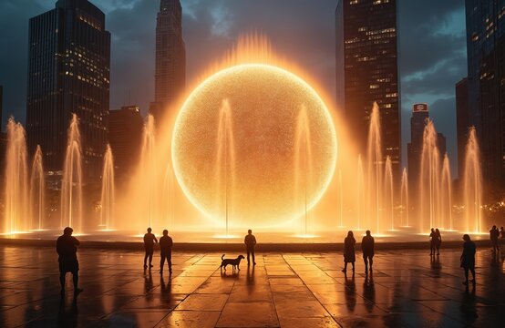 Crowd watches glowing sphere, futuristic public art installation in city. Luminous orb, fountain illuminate urban square at night. Modern spectacle represents future tech, energy, innovation,