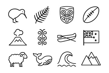 Obraz premium New zealand symbols: iconic line art of kiwi, fern, and rugby
