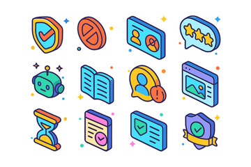 Cyberbullying Prevention Icons. Cyberbullying prevention in games. Colorful isometric vector icons set of Cyberbullying prevention in games: anti-bullying