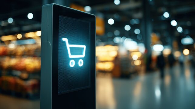 Modern Digital Kiosk with Glowing Cart Symbol in Tech-Driven Supermarket