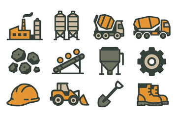 Construction equipment icons: industrial flat design with trucks, machinery, and safety gear