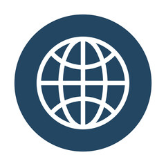 White globe icon on dark blue circle isolated on transparent background