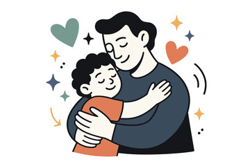 Embrace of Love. Bond of love. Parent embracing child with abstract floating hearts and sparkles; conveys affection, protection, and familial connection.