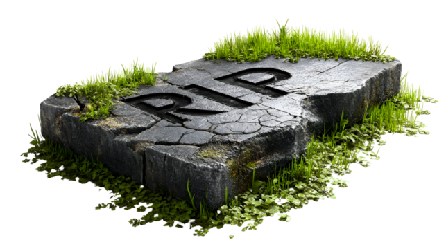 Cracked ancient tombstone with r.i.p. inscription overgrown with grass for halloween decoration