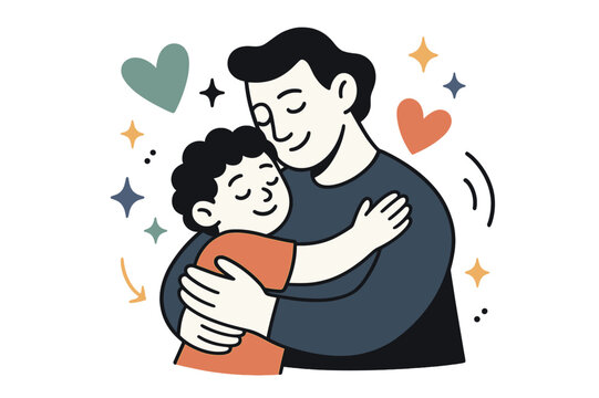 Embrace of Love. Bond of love. Parent embracing child with abstract floating hearts and sparkles; conveys affection, protection, and familial connection.