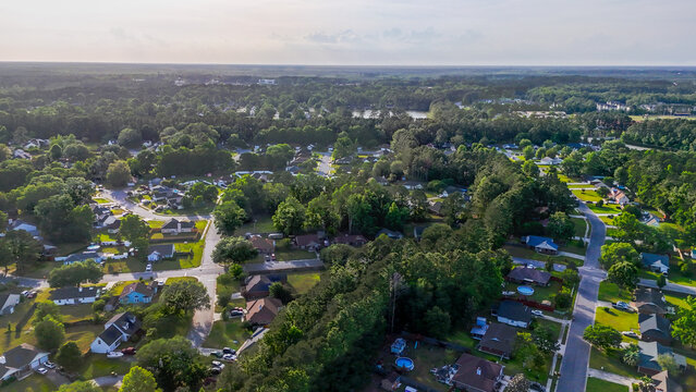 Aerial landscape of Richmond Hill trees in forest sunny summer day in Bryan County Georgia