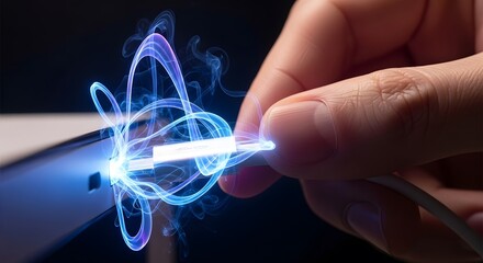 Closeup of a hand connecting a glowing power cable, symbolizing energy and technology