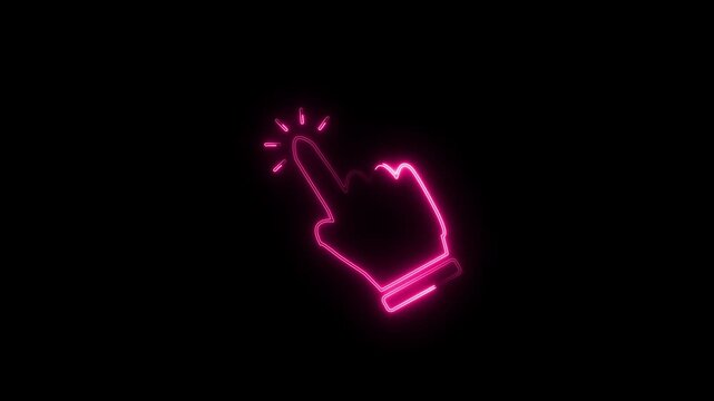 Glowing neon red hand pointer icon isolated on transparent black background, click, tap, selection, user interface, and interactive element ,4k video .