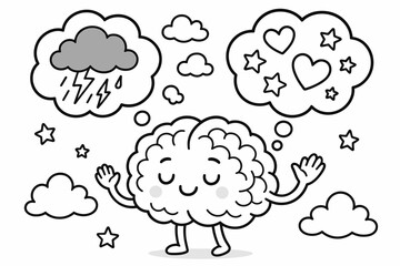 Calm Brain Coloring. Peaceful mind transformation children?s coloring book illustration, outlined drawing, a cartoon brain turning storm clouds into hearts and