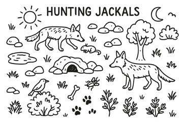 Hunting Jackals Sketch. Hunting Jackals. Hand-drawn doodle illustration Hunting Jackals jackal, small prey, den, rocks, grass, trees, sun, moon, footprints,