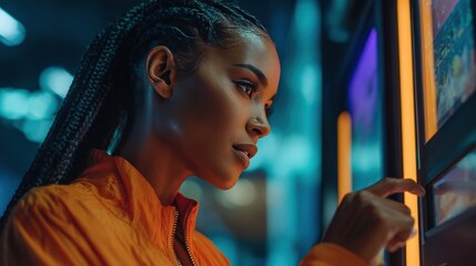 Woman in Orange Jacket Using Futuristic Checkout in Neon-Lit Grocery Store