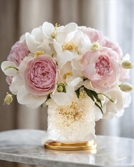 Elegant Wedding Peony and Rose Bouquet Arrangements in Soft Pink and White with Gold Accents