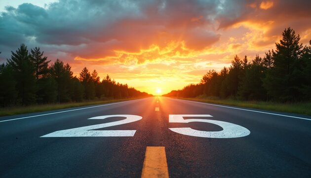 Straight asphalt road with number 25 leads into horizon. Beautiful sunset sky features dramatic clouds, vibrant orange sunlight. Setting sun future, important milestone, journey, success, growth, new