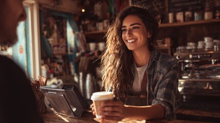 Young Woman Receiving Coffee in Cozy Artisan Café with Successful Payment