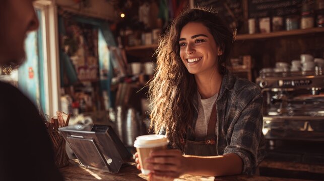 Young Woman Receiving Coffee in Cozy Artisan Café with Successful Payment - Powered by Adobe