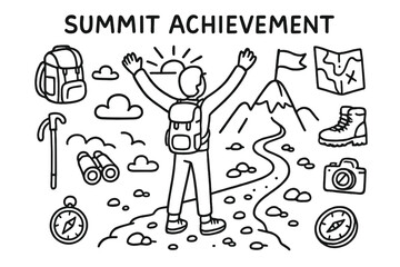 Celebrating Mountain Summit. Summit Achievement. Hand-drawn doodle illustration Summit Achievement person celebrating, arms up, mountain peak, flag, sunrise,