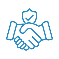 Blue outline of a handshake with a shield and checkmark isolated on transparent background